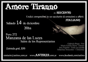 El ensemble Antires, despide el 2013 con “Amore tiranno, el seicento italiano”